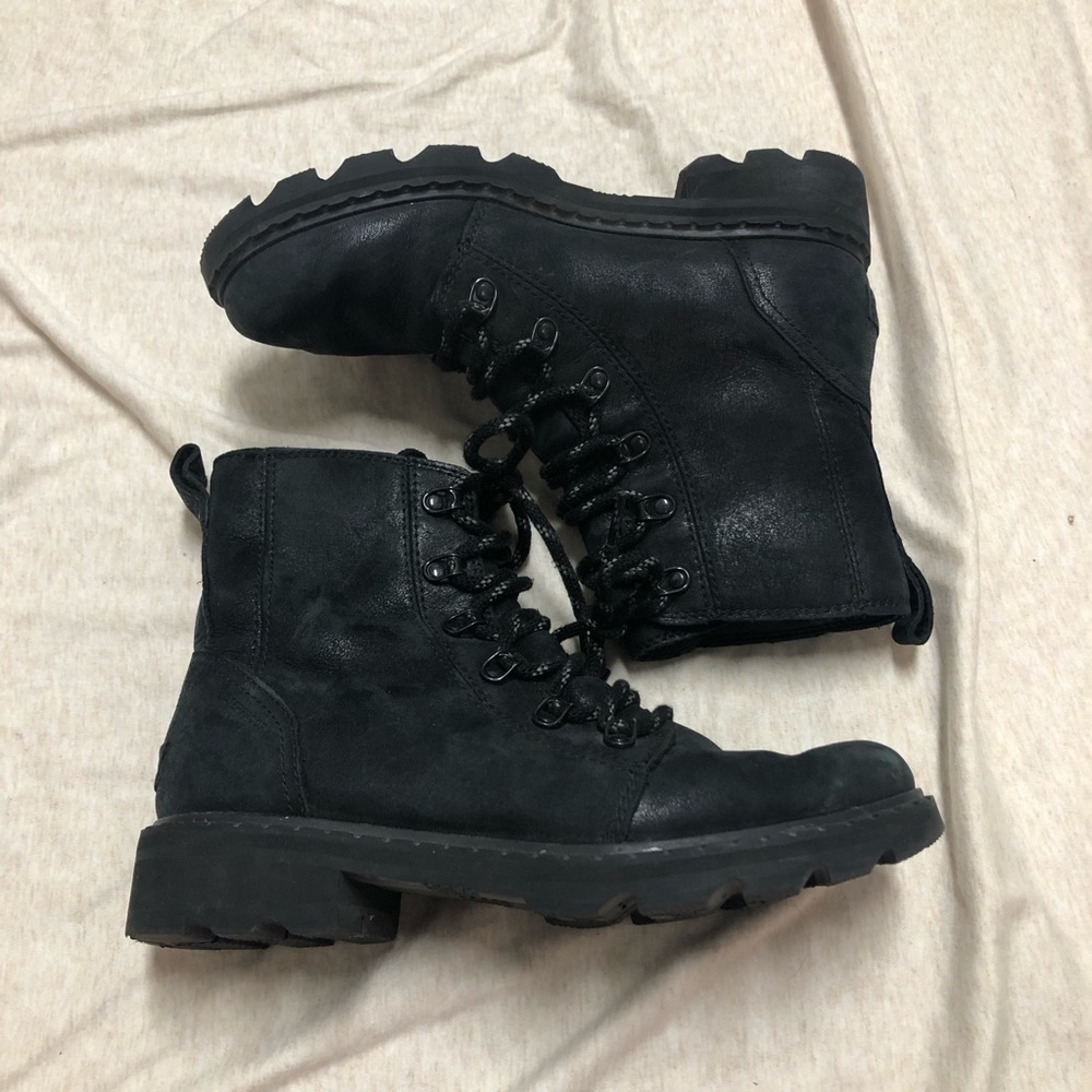 Sorel Lennox Lace Up Black Suede Leather Combat Boots Waterproof Chunky